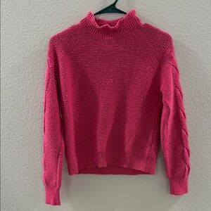 J. Crew Hot Pink Roll Neck Mock Neck Sweater with Cable Knit Sleeves